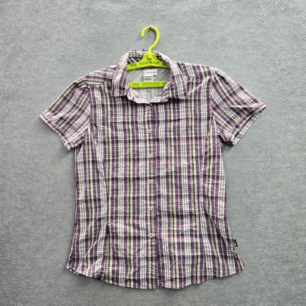 The North Face Women Button Up Shirt L Purple Nylon Blend Plaid Outdoor Mesh